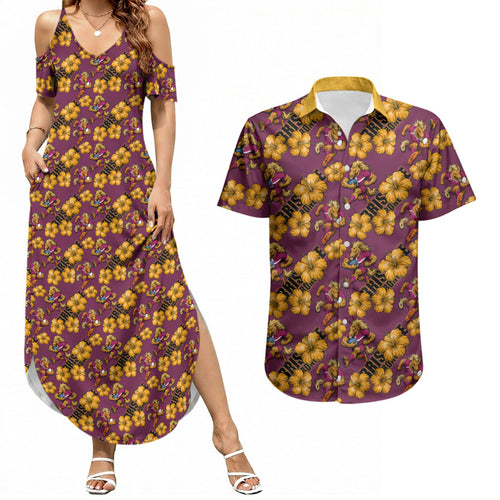Brisbane Broncos Mascot Couples Matching Summer Maxi Dress and Hawaiian Shirt Tropical Hibiscus Floral Seamless Rugby Mascot