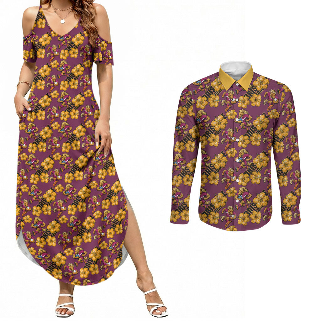 Brisbane Broncos Mascot Couples Matching Summer Maxi Dress and Long Sleeve Button Shirt Tropical Hibiscus Floral Seamless Rugby Mascot