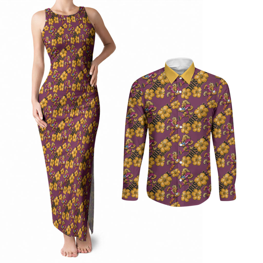 Brisbane Broncos Mascot Couples Matching Tank Maxi Dress and Long Sleeve Button Shirt Tropical Hibiscus Floral Seamless Rugby Mascot