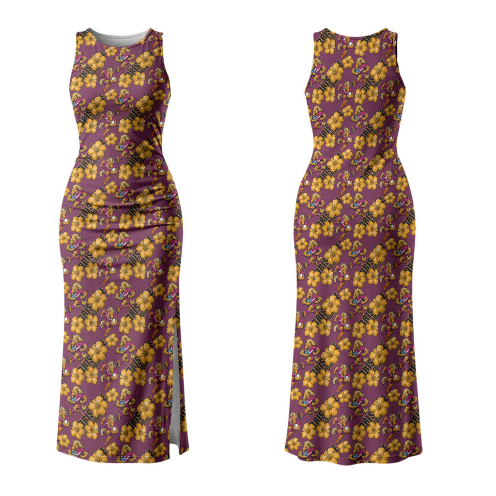 Brisbane Broncos Mascot Couples Matching Tank Maxi Dress and Long Sleeve Button Shirt Tropical Hibiscus Floral Seamless Rugby Mascot
