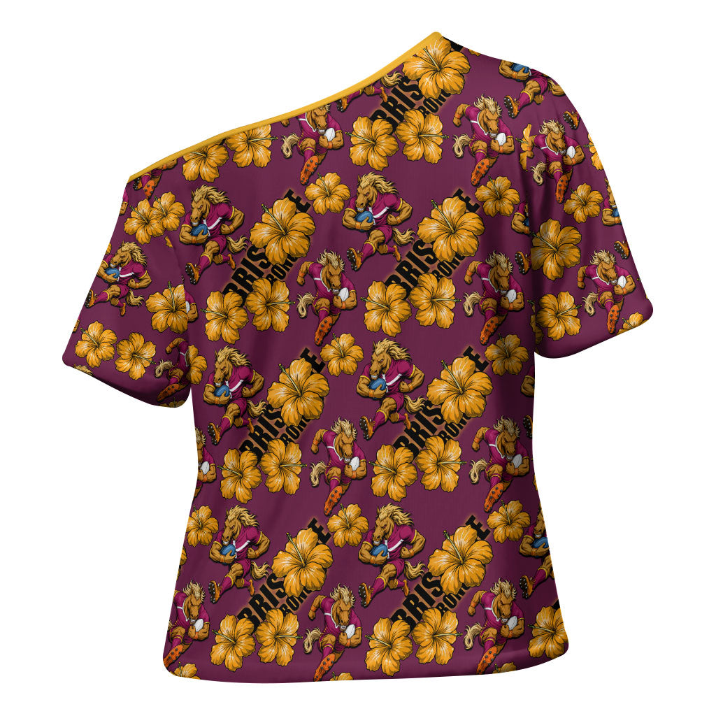 Brisbane Broncos Mascot Cross Shoulder Shirt Tropical Hibiscus Floral Seamless Rugby Mascot