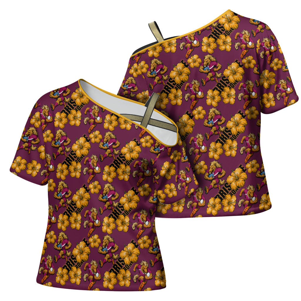 Brisbane Broncos Mascot Cross Shoulder Shirt Tropical Hibiscus Floral Seamless Rugby Mascot