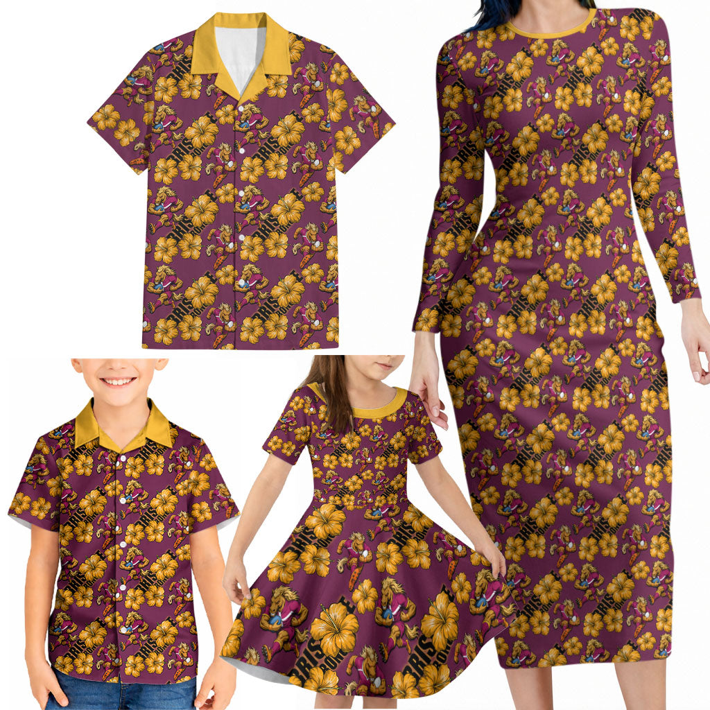 Brisbane Broncos Mascot Family Matching Long Sleeve Bodycon Dress and Hawaiian Shirt Tropical Hibiscus Floral Seamless Rugby Mascot