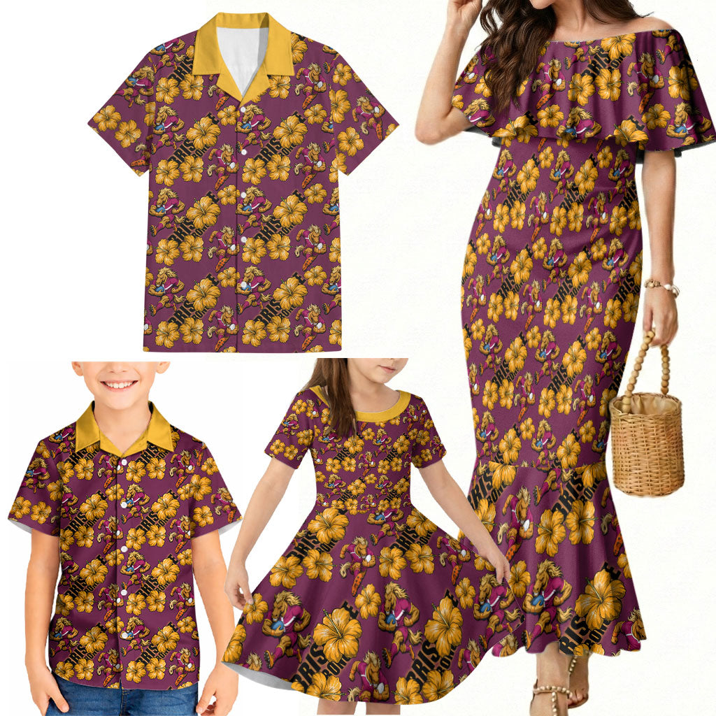 Brisbane Broncos Mascot Family Matching Mermaid Dress and Hawaiian Shirt Tropical Hibiscus Floral Seamless Rugby Mascot