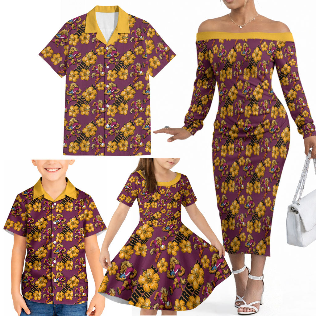 Brisbane Broncos Mascot Family Matching Off The Shoulder Long Sleeve Dress and Hawaiian Shirt Tropical Hibiscus Floral Seamless Rugby Mascot