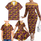 Brisbane Broncos Mascot Family Matching Off The Shoulder Long Sleeve Dress and Hawaiian Shirt Tropical Hibiscus Floral Seamless Rugby Mascot