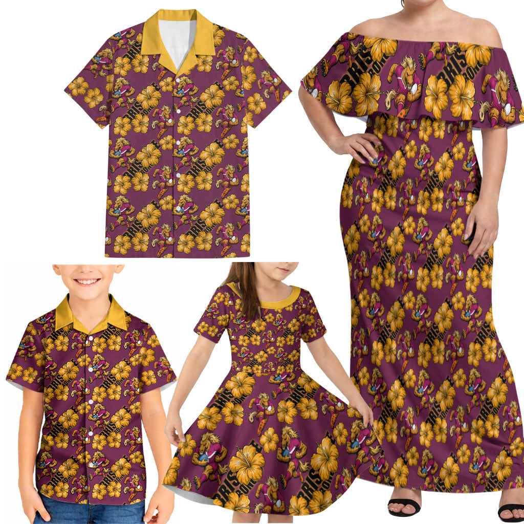 Brisbane Broncos Mascot Family Matching Off Shoulder Maxi Dress and Hawaiian Shirt Tropical Hibiscus Floral Seamless Rugby Mascot