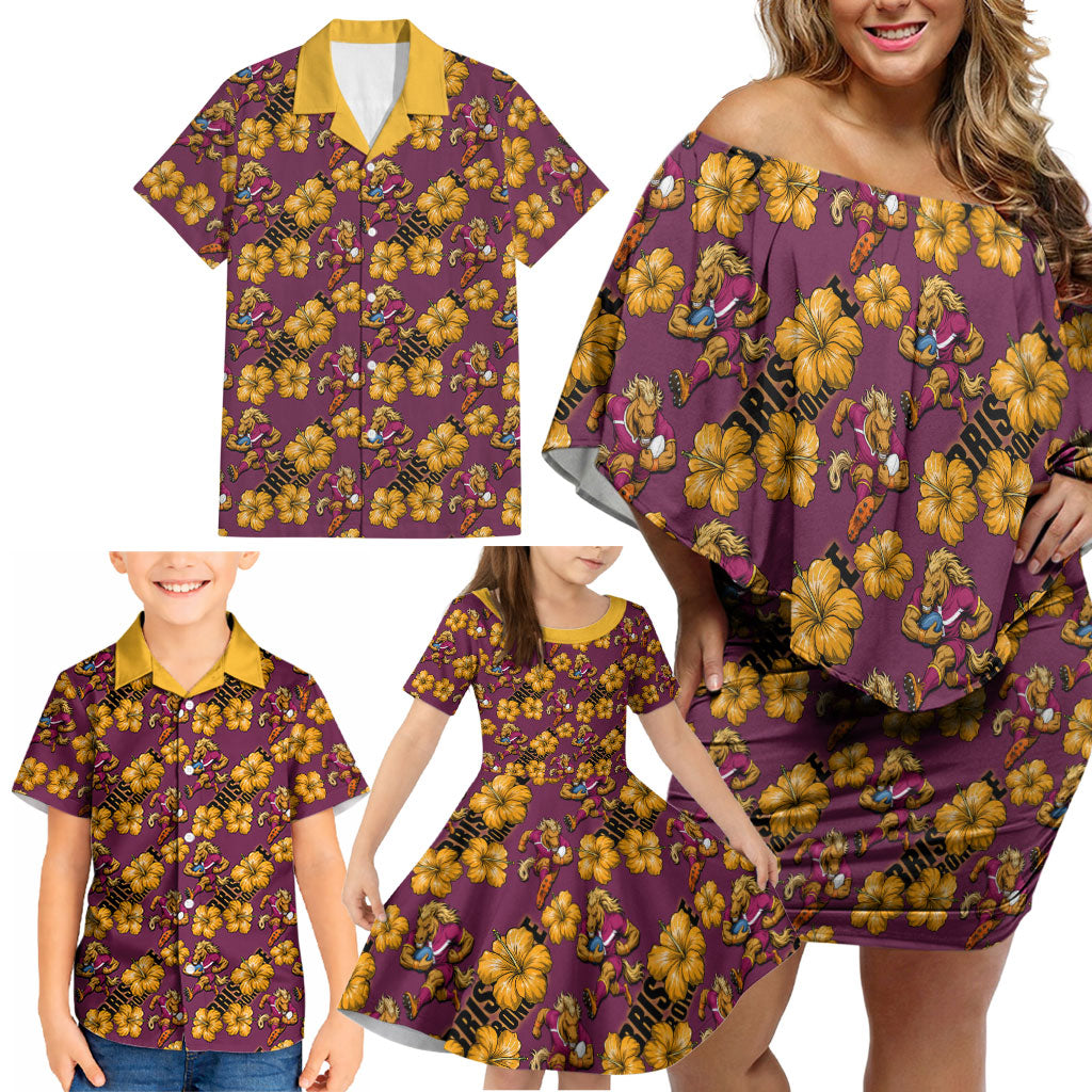 Brisbane Broncos Mascot Family Matching Off Shoulder Short Dress and Hawaiian Shirt Tropical Hibiscus Floral Seamless Rugby Mascot