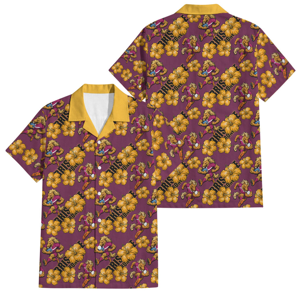 Brisbane Broncos Mascot Family Matching Off Shoulder Short Dress and Hawaiian Shirt Tropical Hibiscus Floral Seamless Rugby Mascot