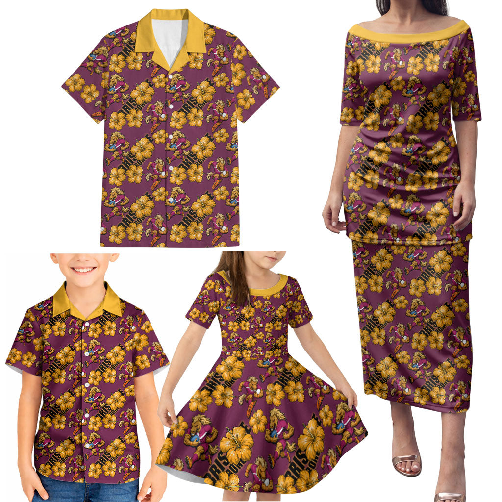 Brisbane Broncos Mascot Family Matching Puletasi and Hawaiian Shirt Tropical Hibiscus Floral Seamless Rugby Mascot