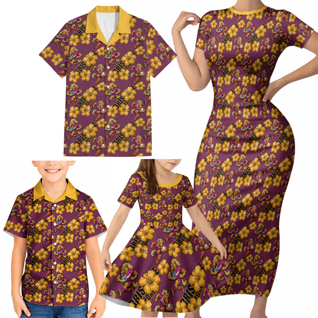 Brisbane Broncos Mascot Family Matching Short Sleeve Bodycon Dress and Hawaiian Shirt Tropical Hibiscus Floral Seamless Rugby Mascot