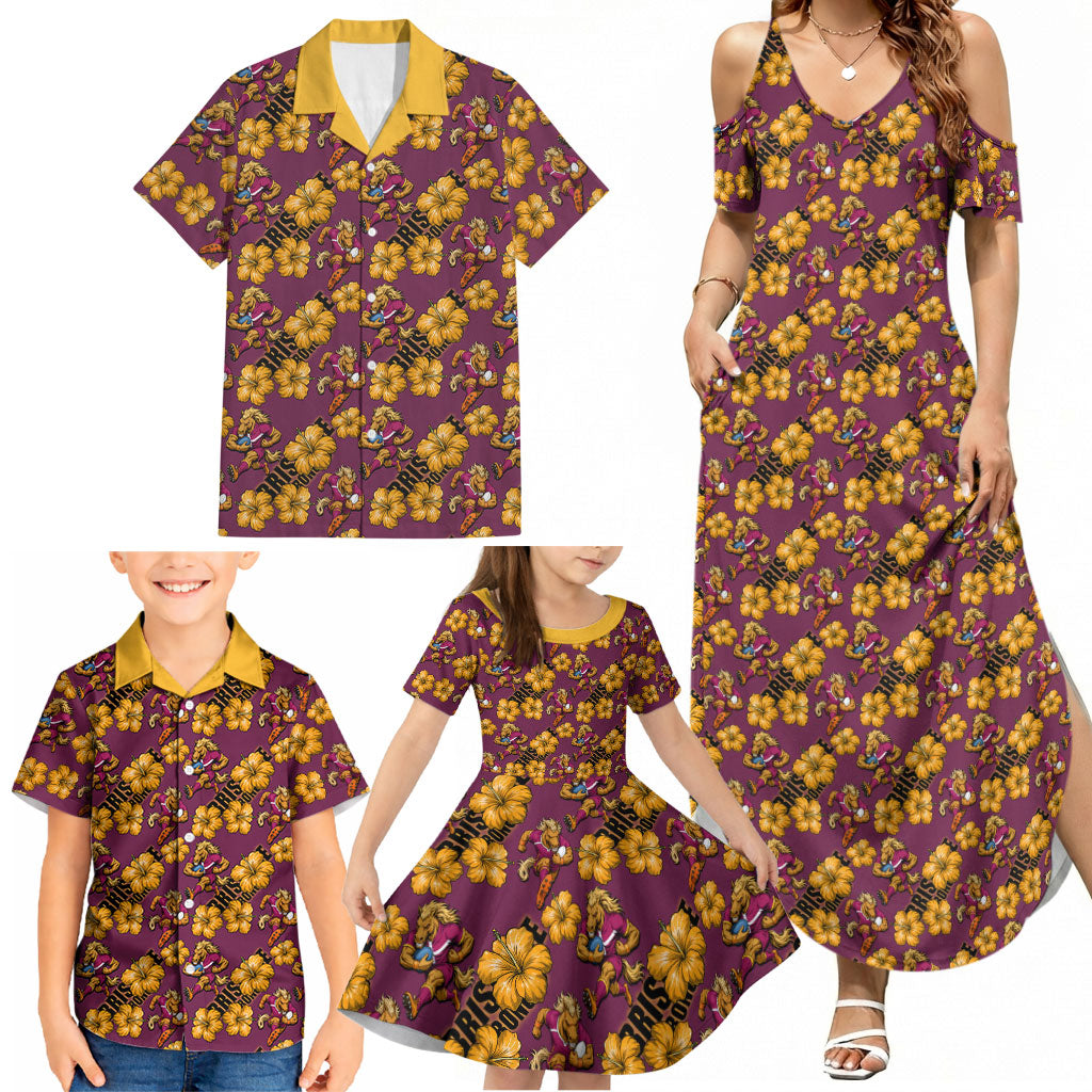 Brisbane Broncos Mascot Family Matching Summer Maxi Dress and Hawaiian Shirt Tropical Hibiscus Floral Seamless Rugby Mascot