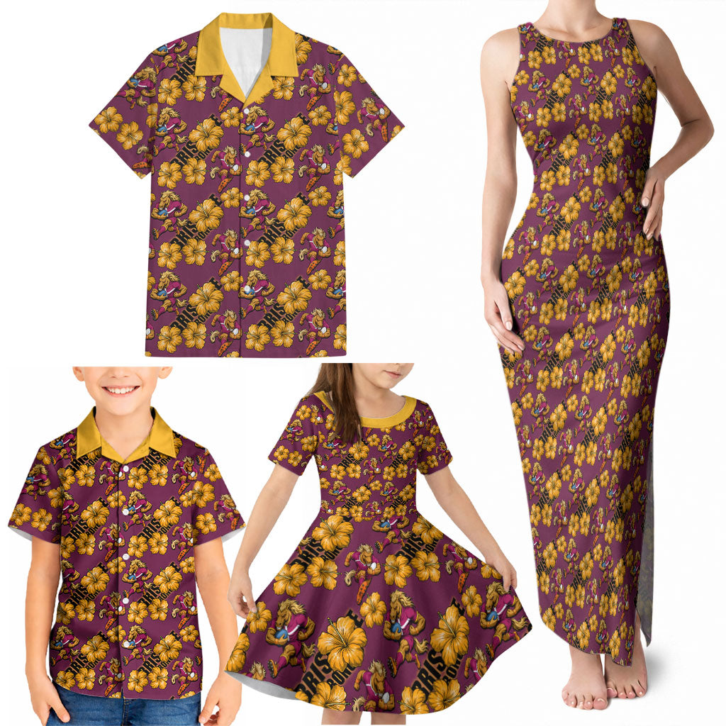 Brisbane Broncos Mascot Family Matching Tank Maxi Dress and Hawaiian Shirt Tropical Hibiscus Floral Seamless Rugby Mascot