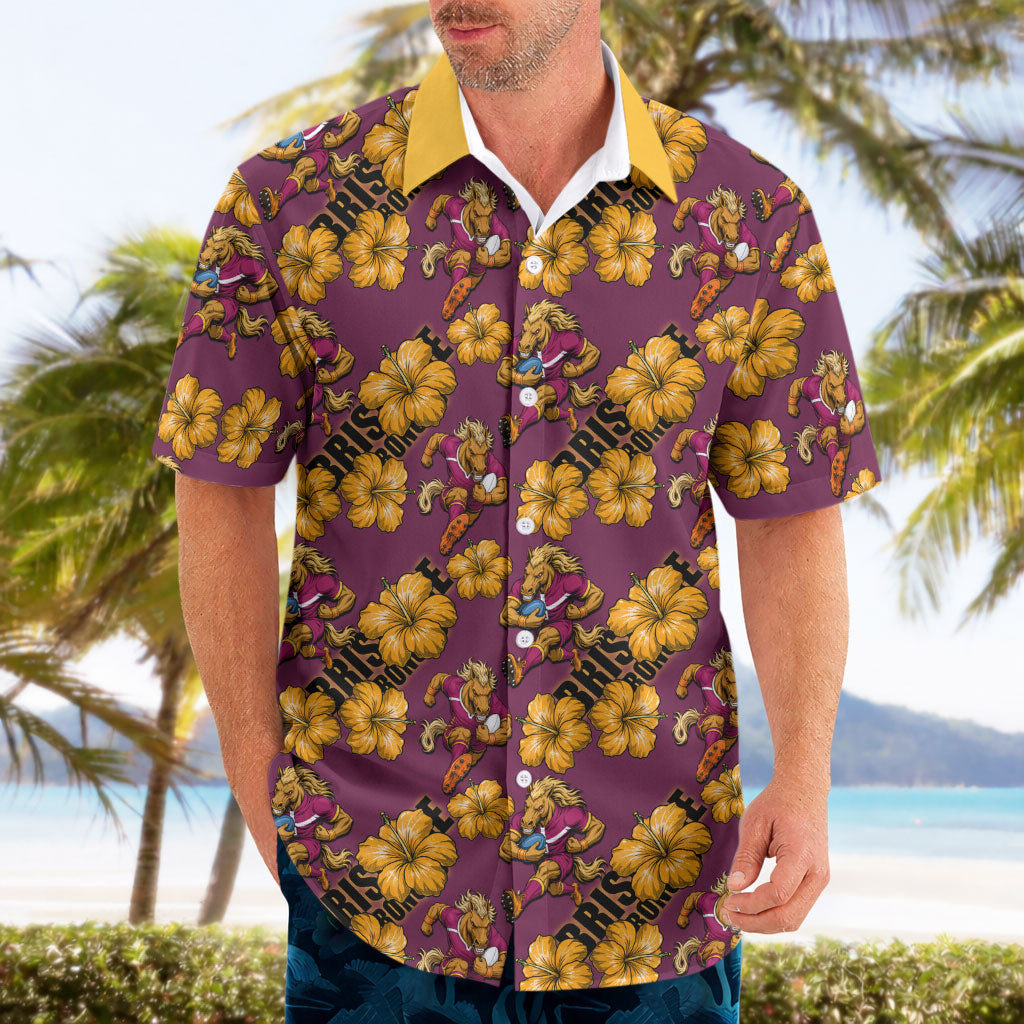 Brisbane Broncos Mascot Hawaiian Shirt Tropical Hibiscus Floral Seamless Rugby Mascot