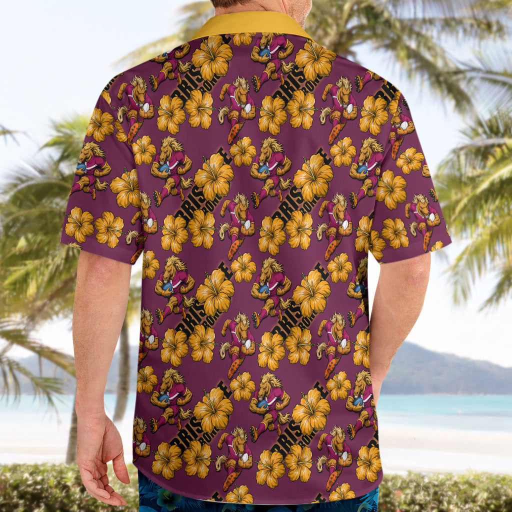 Brisbane Broncos Mascot Hawaiian Shirt Tropical Hibiscus Floral Seamless Rugby Mascot