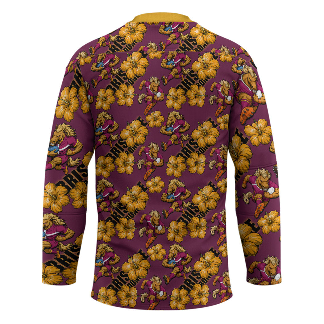 Brisbane Broncos Mascot Hockey Jersey Tropical Hibiscus Floral Seamless Rugby Mascot