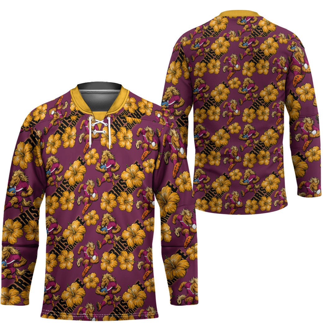 Brisbane Broncos Mascot Hockey Jersey Tropical Hibiscus Floral Seamless Rugby Mascot