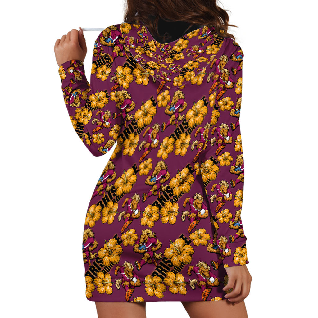 Brisbane Broncos Mascot Hoodie Dress Tropical Hibiscus Floral Seamless Rugby Mascot
