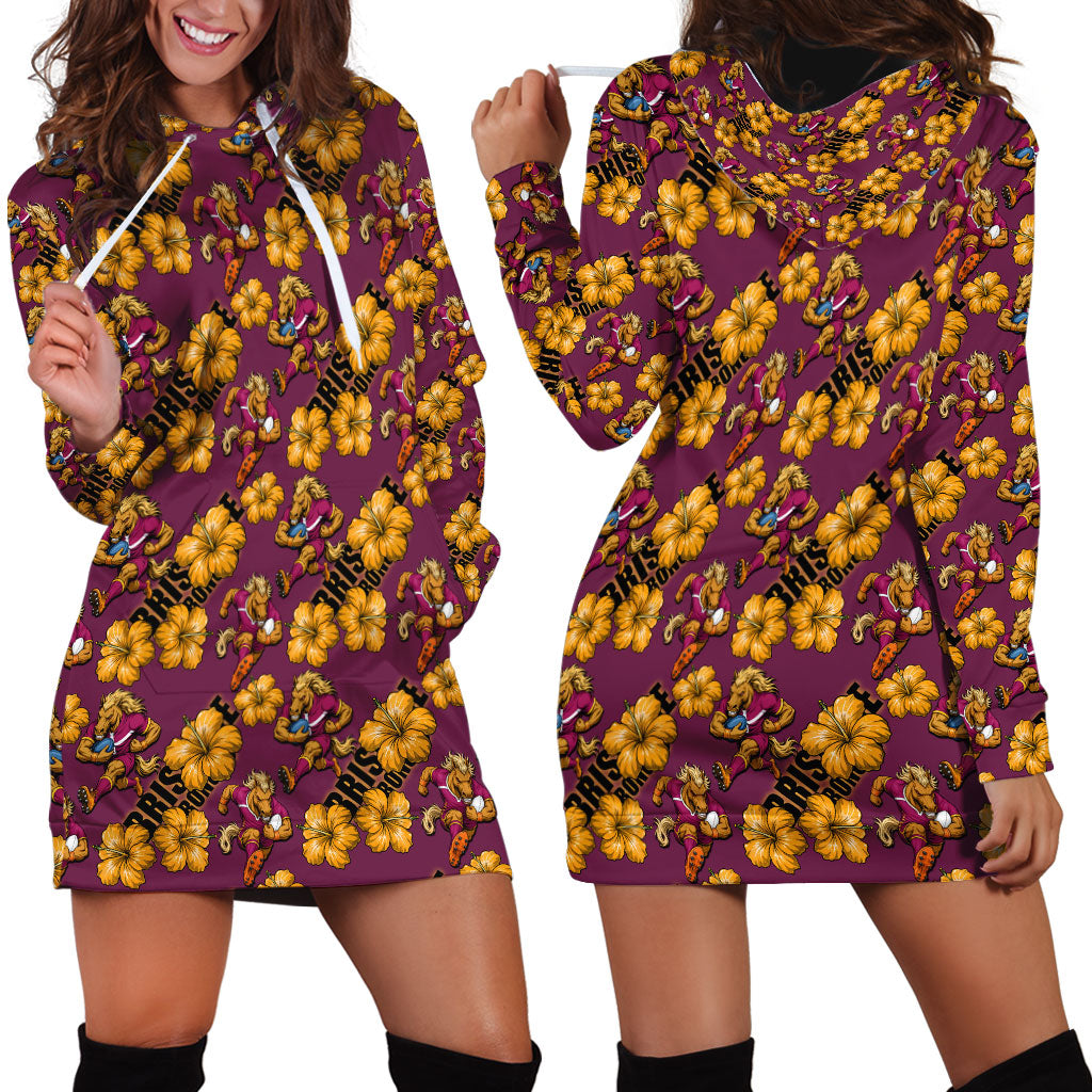 Brisbane Broncos Mascot Hoodie Dress Tropical Hibiscus Floral Seamless Rugby Mascot