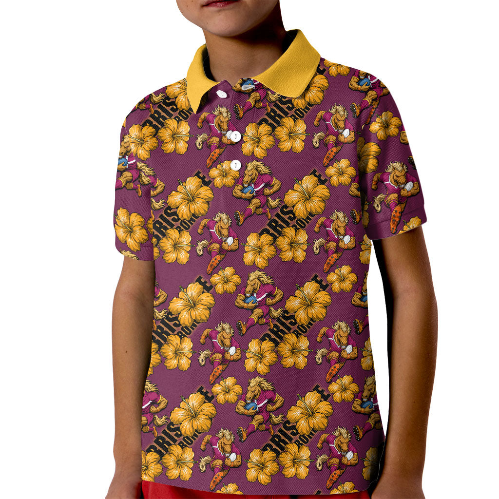Brisbane Broncos Mascot Kid Polo Shirt Tropical Hibiscus Floral Seamless Rugby Mascot