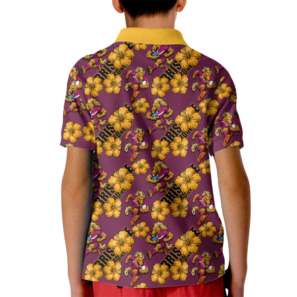 Brisbane Broncos Mascot Kid Polo Shirt Tropical Hibiscus Floral Seamless Rugby Mascot