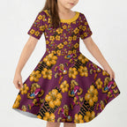 Brisbane Broncos Mascot Kid Short Sleeve Dress Tropical Hibiscus Floral Seamless Rugby Mascot