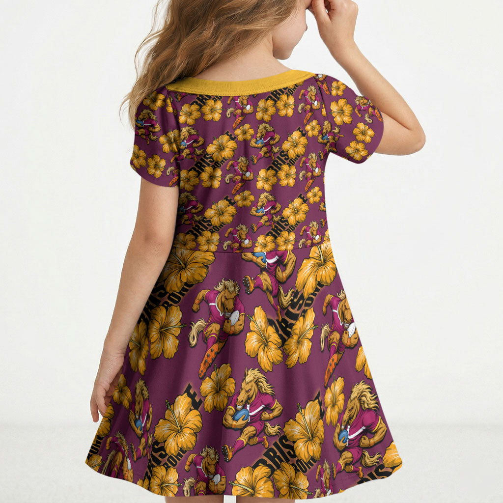 Brisbane Broncos Mascot Kid Short Sleeve Dress Tropical Hibiscus Floral Seamless Rugby Mascot