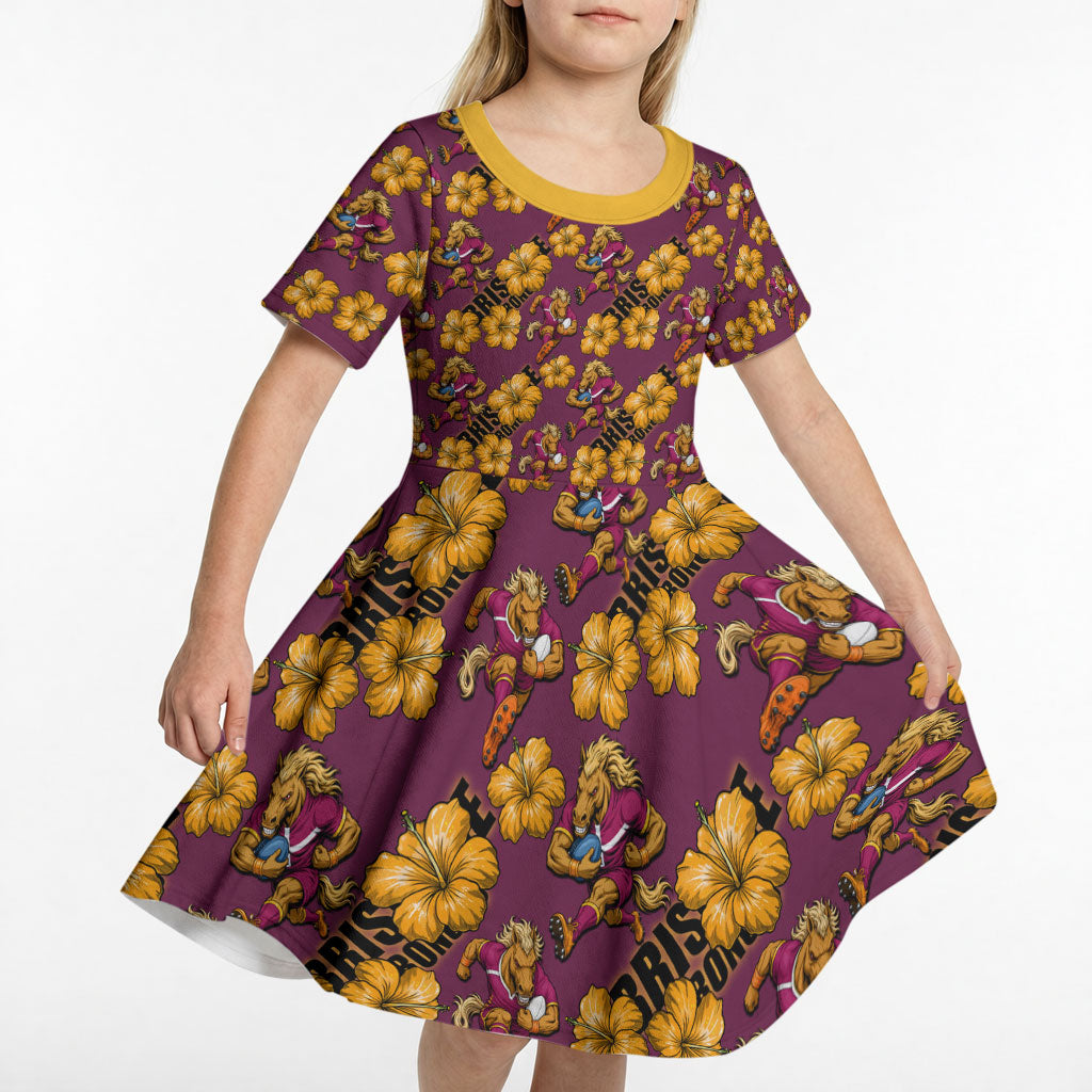 Brisbane Broncos Mascot Kid Short Sleeve Dress Tropical Hibiscus Floral Seamless Rugby Mascot