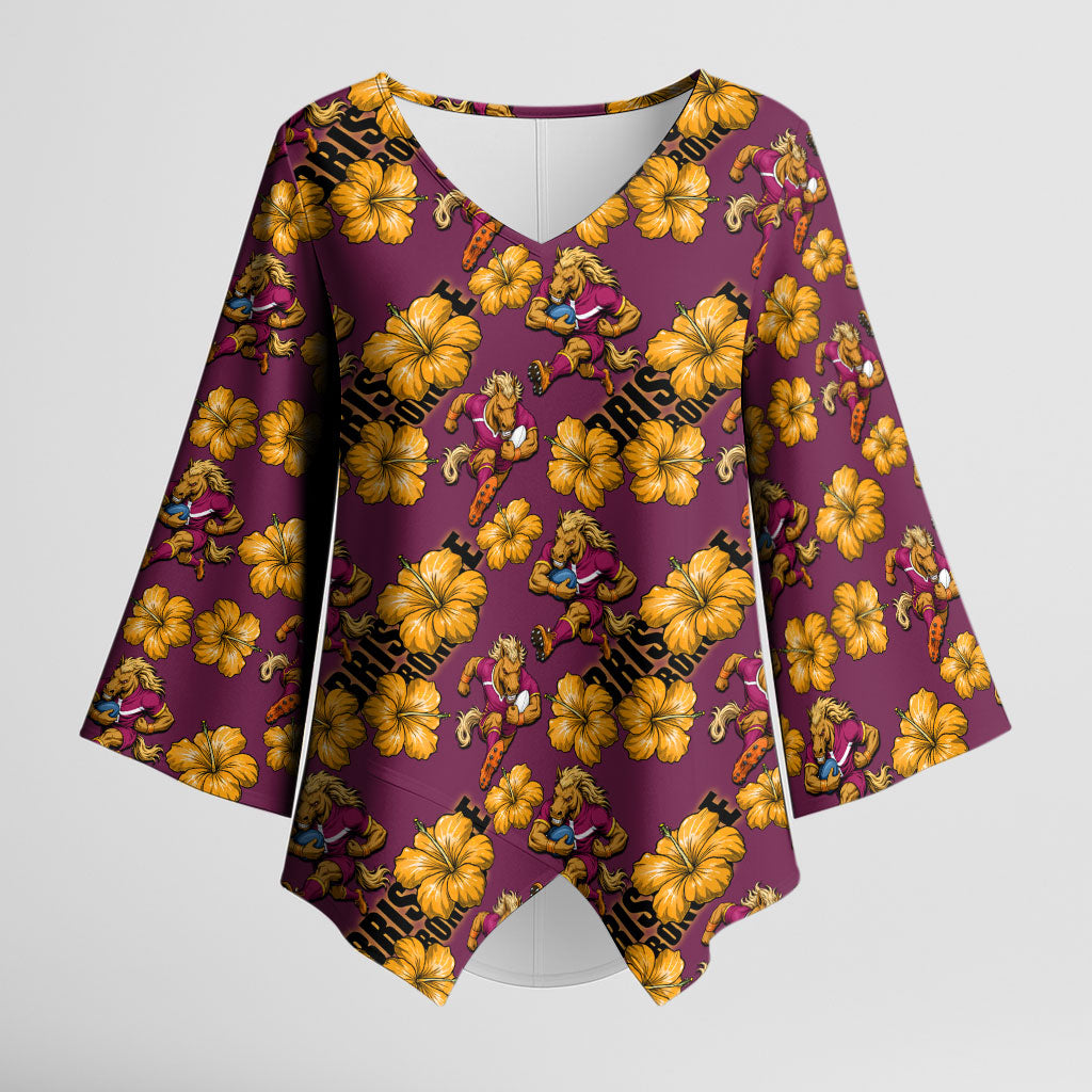 Brisbane Broncos Mascot Kimono Sleeve Blouse Tropical Hibiscus Floral Seamless Rugby Mascot
