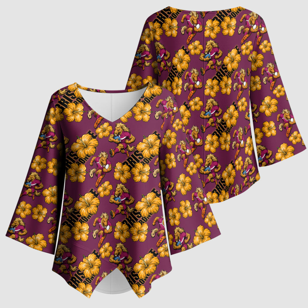 Brisbane Broncos Mascot Kimono Sleeve Blouse Tropical Hibiscus Floral Seamless Rugby Mascot