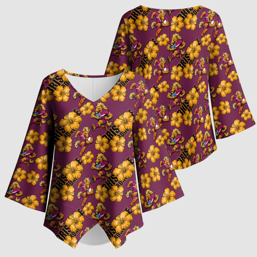 Brisbane Broncos Mascot Kimono Sleeve Blouse Tropical Hibiscus Floral Seamless Rugby Mascot