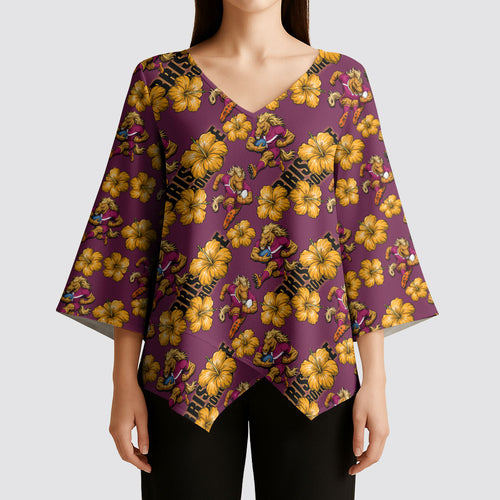 Brisbane Broncos Mascot Kimono Sleeve Blouse Tropical Hibiscus Floral Seamless Rugby Mascot