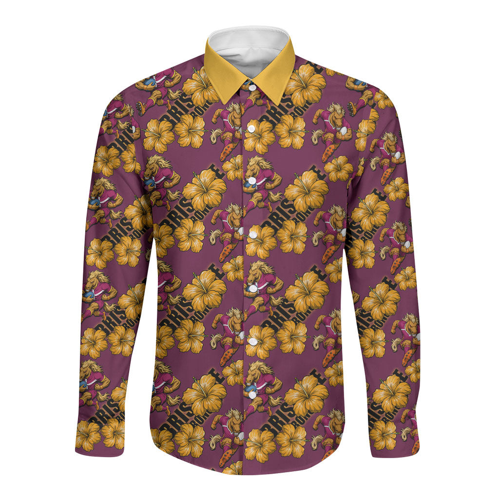 Brisbane Broncos Mascot Long Sleeve Button Shirt Tropical Hibiscus Floral Seamless Rugby Mascot
