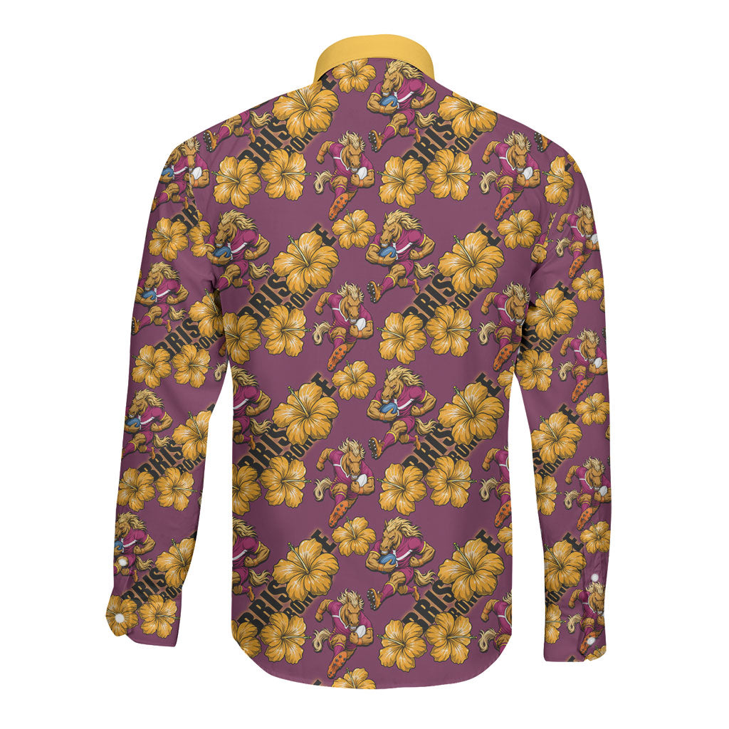 Brisbane Broncos Mascot Long Sleeve Button Shirt Tropical Hibiscus Floral Seamless Rugby Mascot