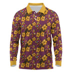 Brisbane Broncos Mascot Long Sleeve Polo Shirt Tropical Hibiscus Floral Seamless Rugby Mascot