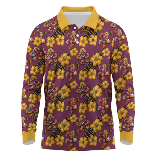 Brisbane Broncos Mascot Long Sleeve Polo Shirt Tropical Hibiscus Floral Seamless Rugby Mascot