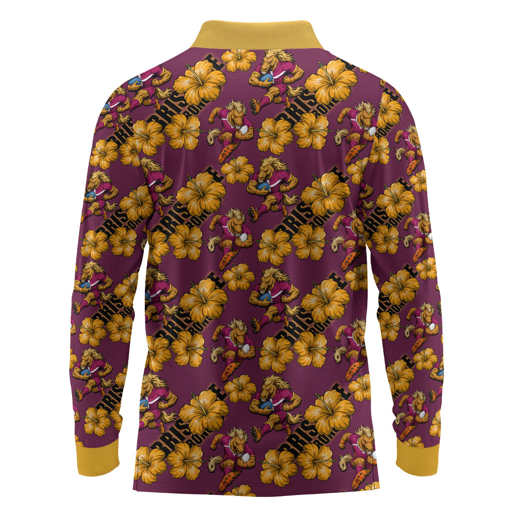 Brisbane Broncos Mascot Long Sleeve Polo Shirt Tropical Hibiscus Floral Seamless Rugby Mascot