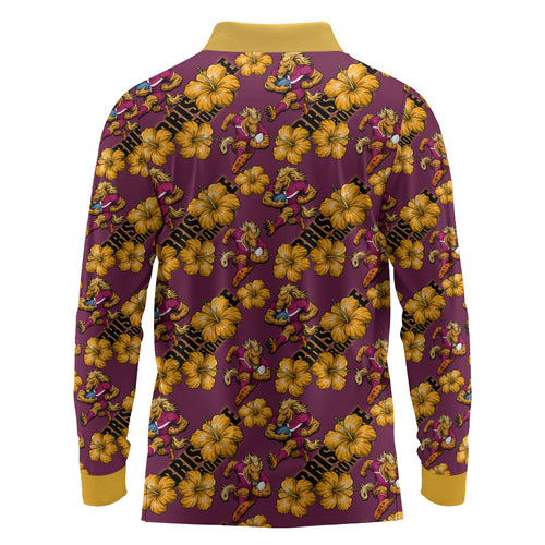 Brisbane Broncos Mascot Long Sleeve Polo Shirt Tropical Hibiscus Floral Seamless Rugby Mascot