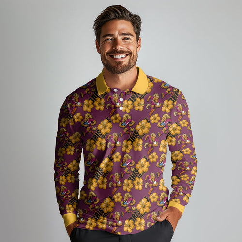 Brisbane Broncos Mascot Long Sleeve Polo Shirt Tropical Hibiscus Floral Seamless Rugby Mascot