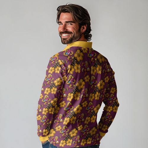 Brisbane Broncos Mascot Long Sleeve Polo Shirt Tropical Hibiscus Floral Seamless Rugby Mascot