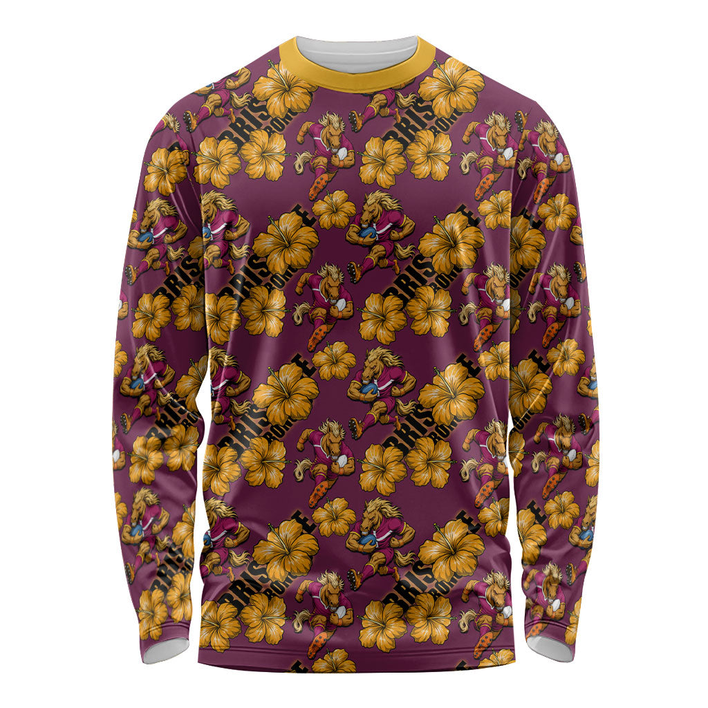 Brisbane Broncos Mascot Long Sleeve Shirt Tropical Hibiscus Floral Seamless Rugby Mascot