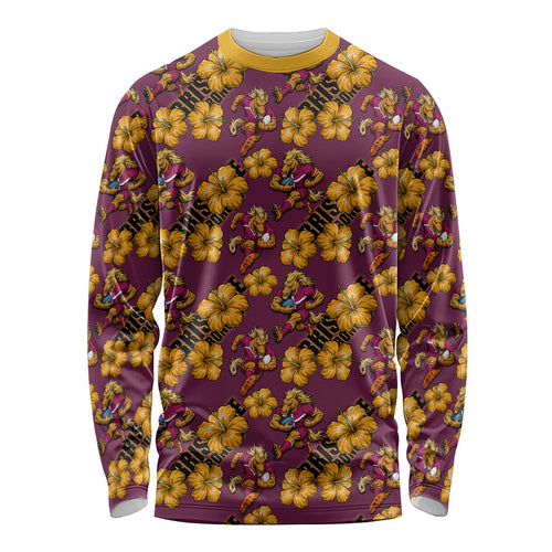 Brisbane Broncos Mascot Long Sleeve Shirt Tropical Hibiscus Floral Seamless Rugby Mascot