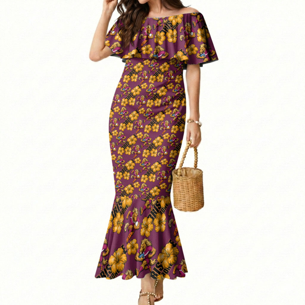 Brisbane Broncos Mascot Mermaid Dress Tropical Hibiscus Floral Seamless Rugby Mascot