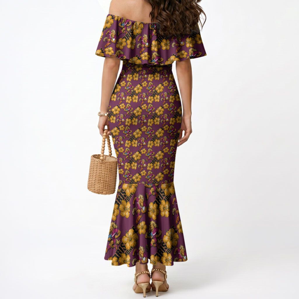 Brisbane Broncos Mascot Mermaid Dress Tropical Hibiscus Floral Seamless Rugby Mascot