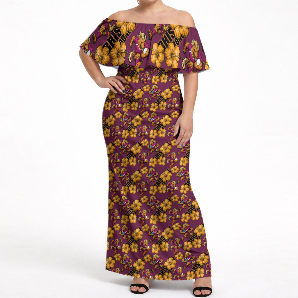 Brisbane Broncos Mascot Off Shoulder Maxi Dress Tropical Hibiscus Floral Seamless Rugby Mascot