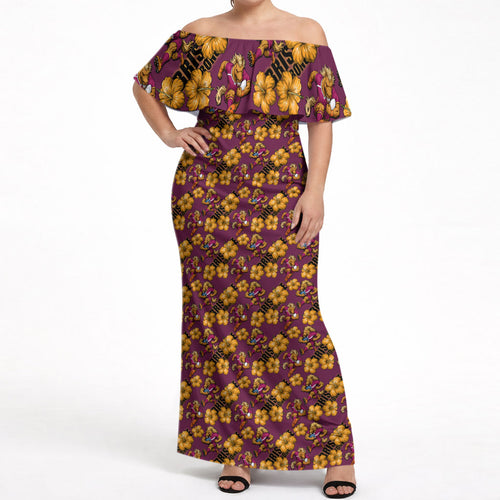 Brisbane Broncos Mascot Off Shoulder Maxi Dress Tropical Hibiscus Floral Seamless Rugby Mascot