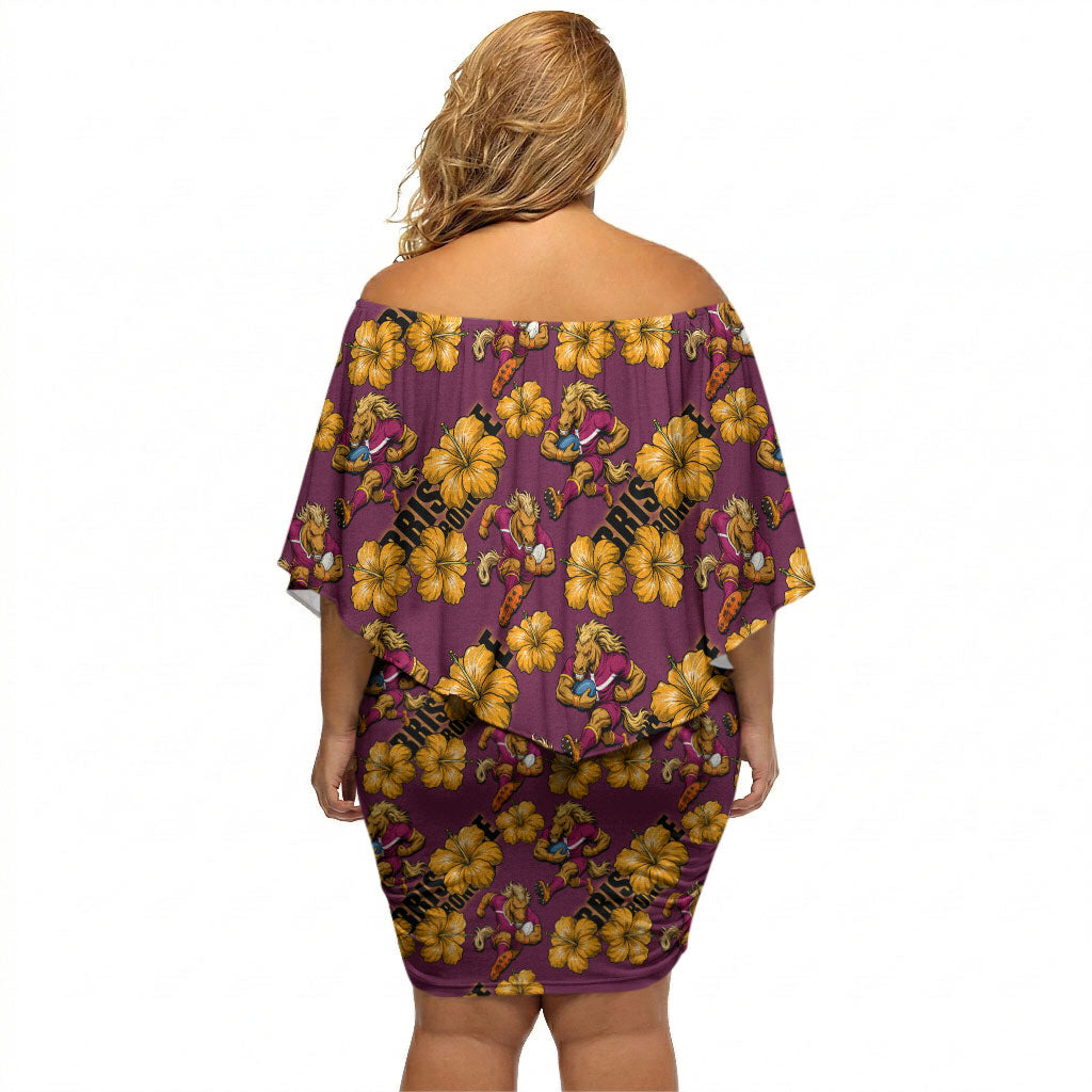 Brisbane Broncos Mascot Off Shoulder Short Dress Tropical Hibiscus Floral Seamless Rugby Mascot