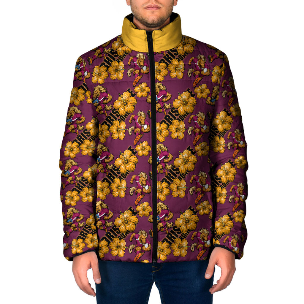 Brisbane Broncos Mascot Padded Jacket Tropical Hibiscus Floral Seamless Rugby Mascot