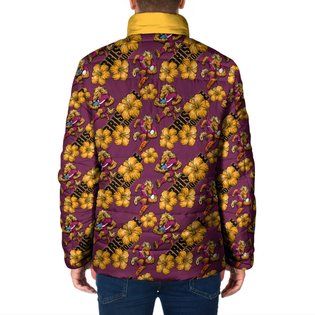 Brisbane Broncos Mascot Padded Jacket Tropical Hibiscus Floral Seamless Rugby Mascot