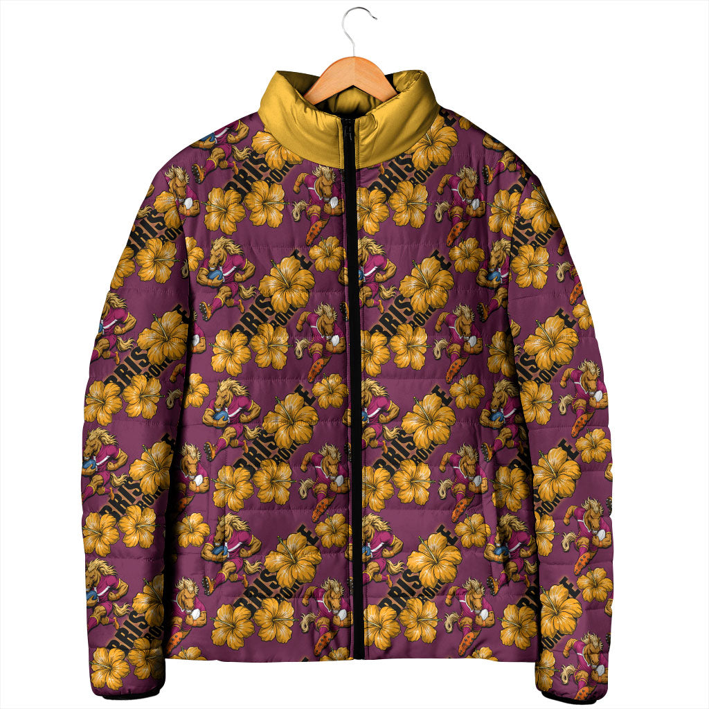 Brisbane Broncos Mascot Padded Jacket Tropical Hibiscus Floral Seamless Rugby Mascot